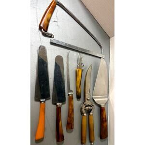 7 Pc Vintage Kitchen Tools-Bone Handles-Hack Saw-Scissor-Knife-Bottle opener-Etc